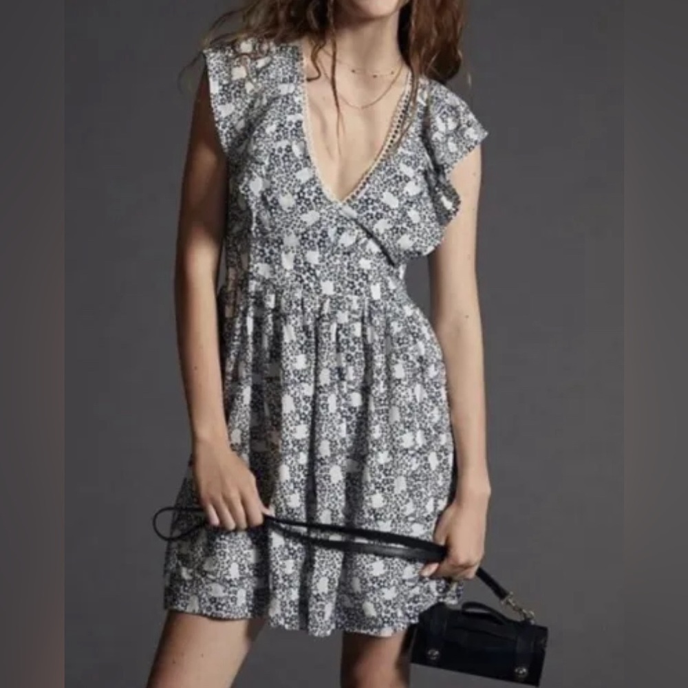 Anthropologie V-Neck Plunge Floral Tassel Tunic Mini Dress